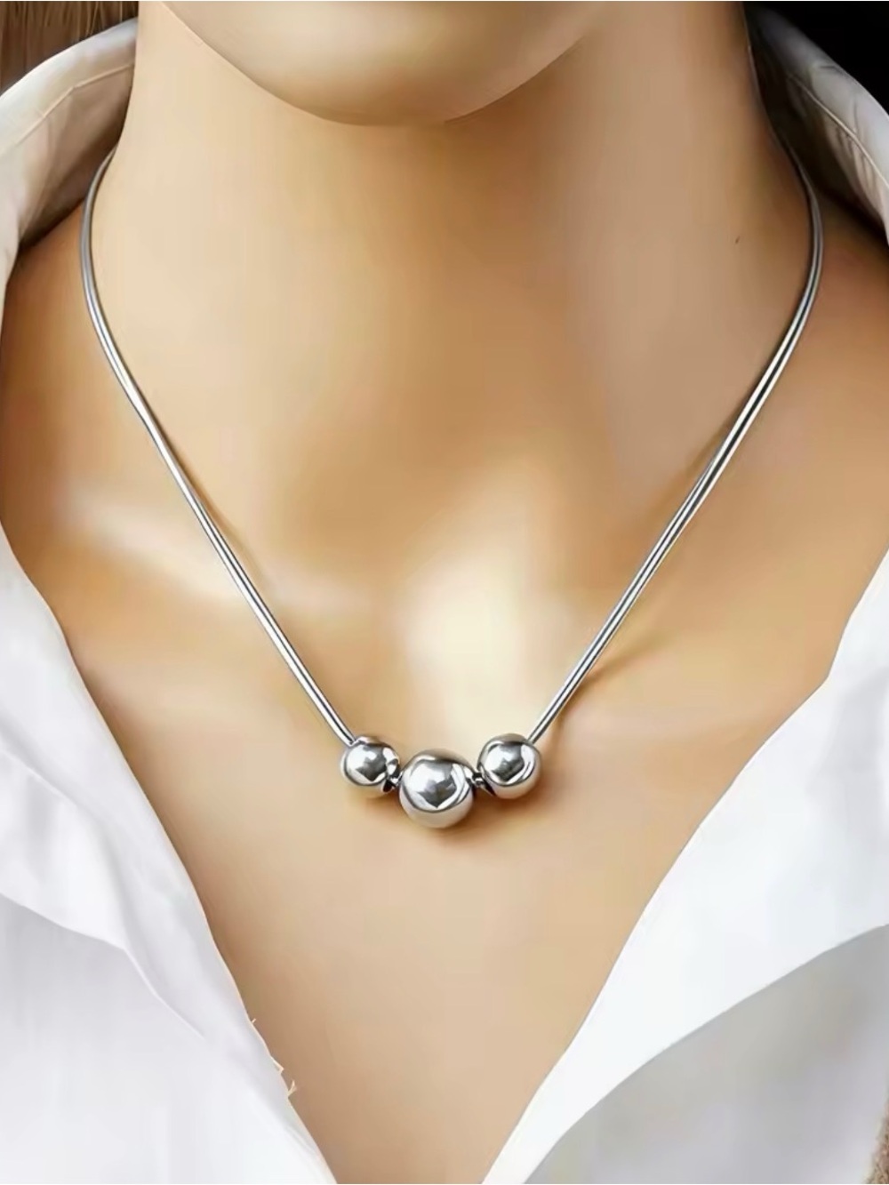 Italian Luxury Boutique Elegant Silver Tone Triple Ball Necklace  NWOT
